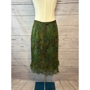 Richard Malcolm 100% Silk Olive Green Leaf Print Midi Skirt Size Medium